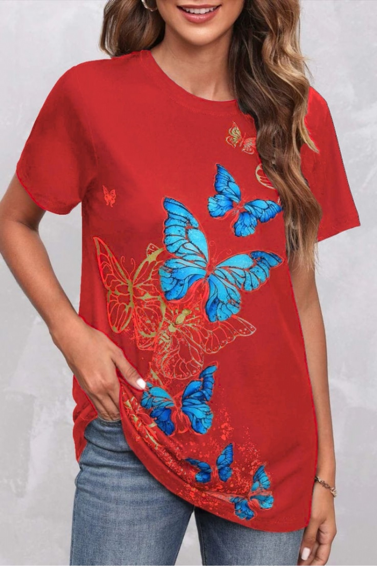 Women's Short Sleeve Blue Yellow Butterfly Printed Jersey Blouse, 23800